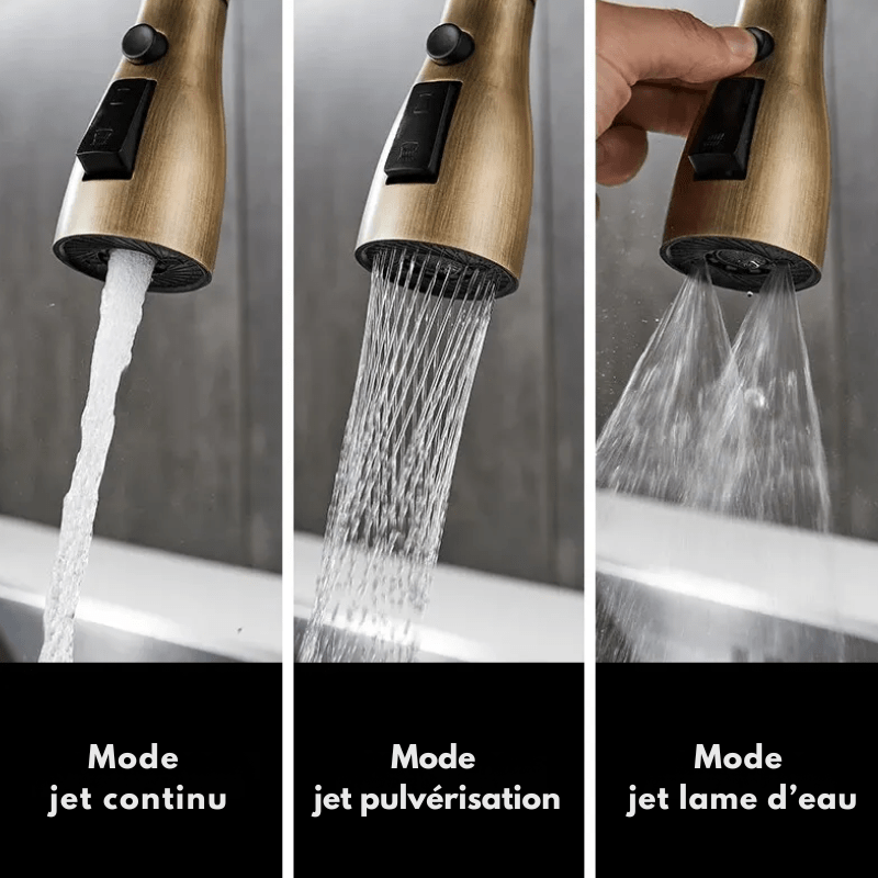Mitigeur de cuisine à bec flexible en laiton antique – douchette extractible, rotation 360° et poignée latérale - Focett