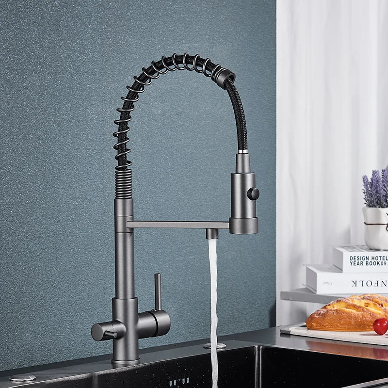 Mitigeur de cuisine gris mat double bec avec eau filtrée – laiton massif, contrôle séparé et rotation 360° - Focett