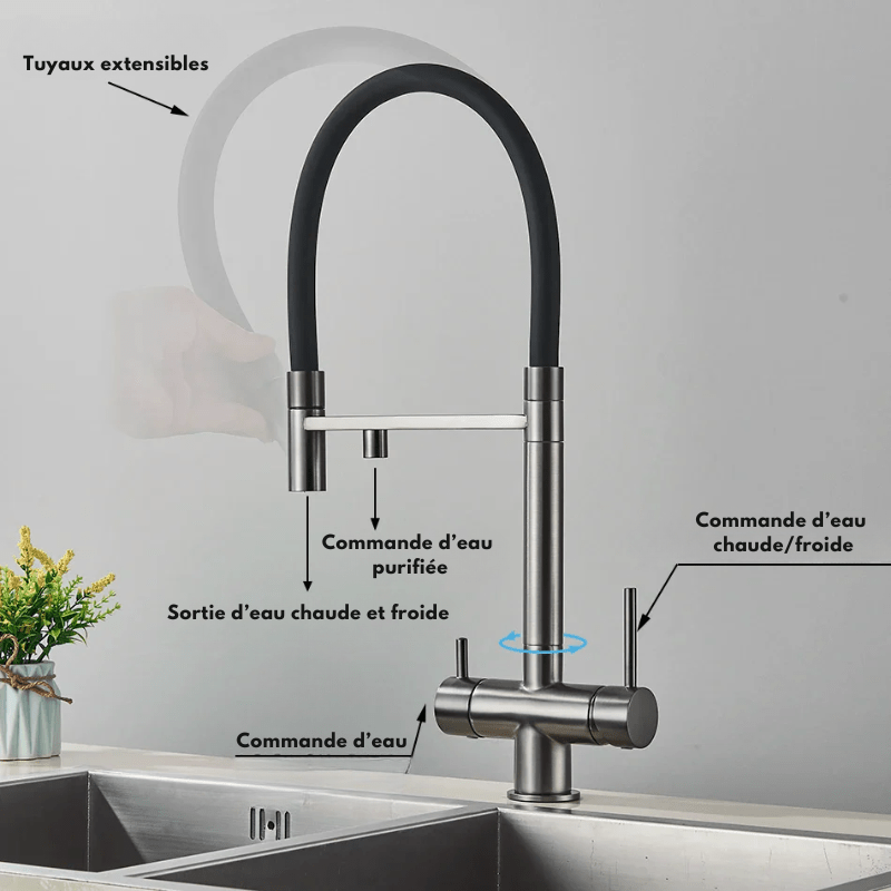 Mitigeur de cuisine gris mat double bec avec eau filtrée – laiton massif, contrôle séparé et rotation 360° - Focett