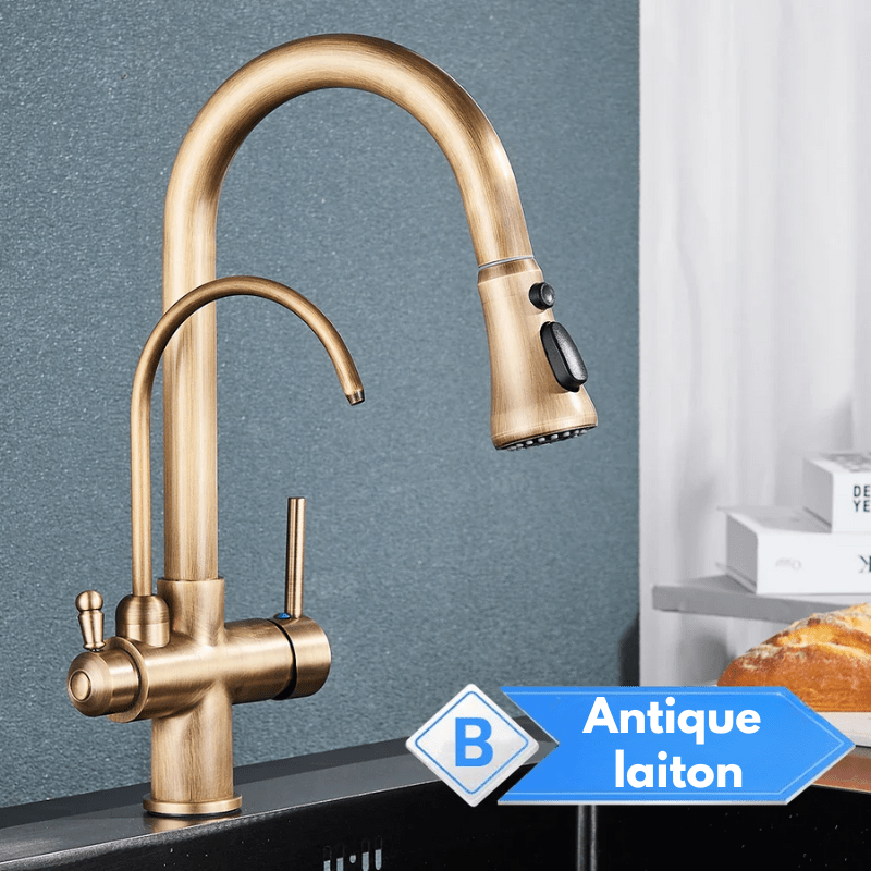 Mitigeur de cuisine noir 3 voies avec eau filtrée – double commande et bec rotatif 360° - Focett