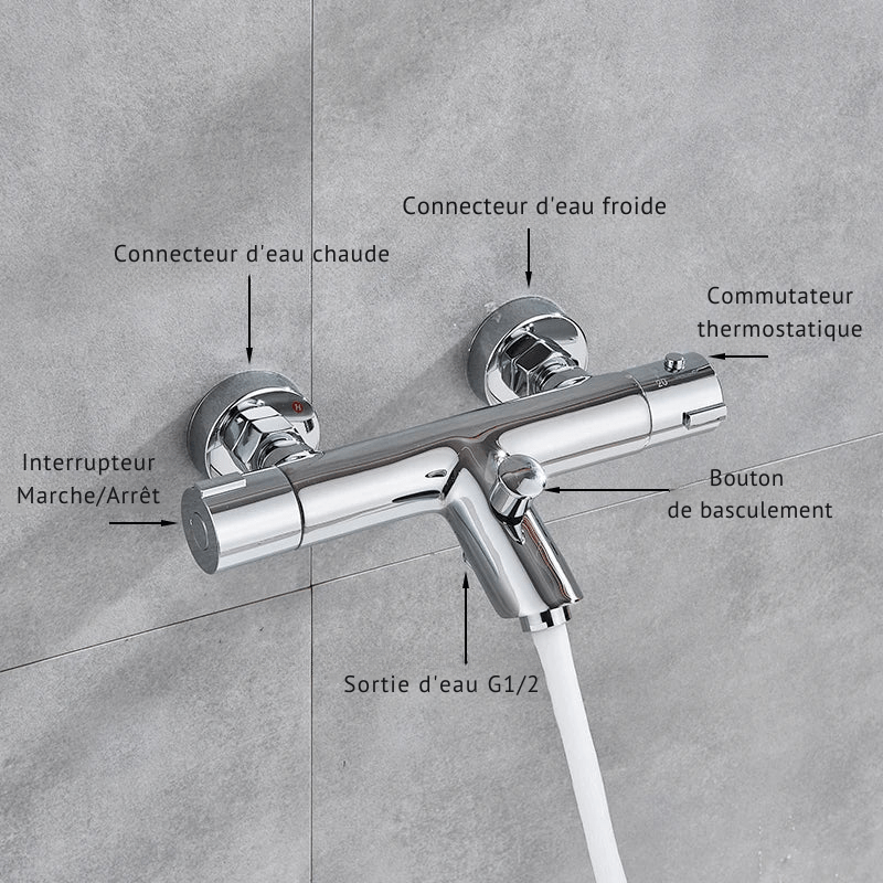 Mitigeur de douche encastrable chrome thermostatique – double poignée, contrôle précis de la température et finition chromée - Focett