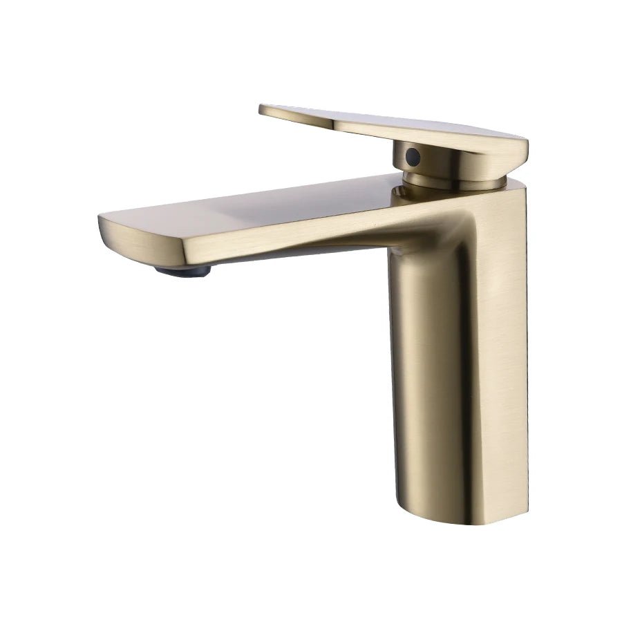 Mitigeur de salle de bain or brossé carré avec poignée latérale – laiton massif, régulation fluide et style moderne - Focett