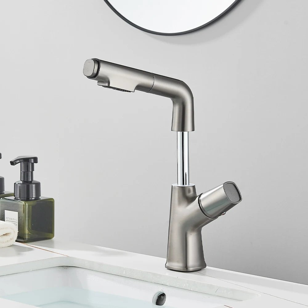 Mitigeur gris effet cascade à bec relevable pour lavabo – écoulement doux, poignée levier et installation facile - Focett