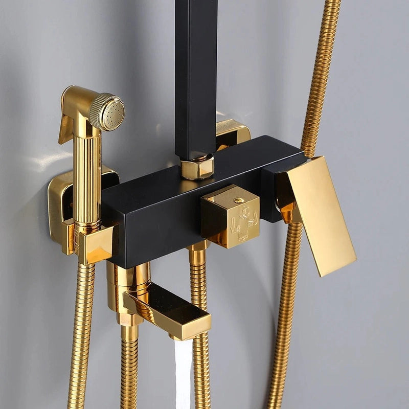 Colonne de Douche Noir & Or – Hauteur Ajustable, Pommeau 20cm, Fonction Bidet Intégrée et Ensemble de Douche 4 Voies avec Robinet