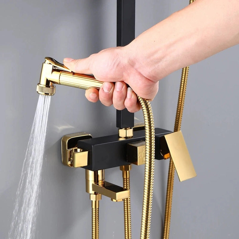 Colonne de Douche Noir & Or – Hauteur Ajustable, Pommeau 20cm, Fonction Bidet Intégrée et Ensemble de Douche 4 Voies avec Robinet