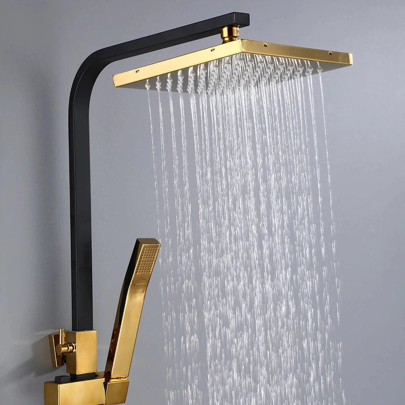 Colonne de Douche Noir & Or – Hauteur Ajustable, Pommeau 20cm, Fonction Bidet Intégrée et Ensemble de Douche 4 Voies avec Robinet