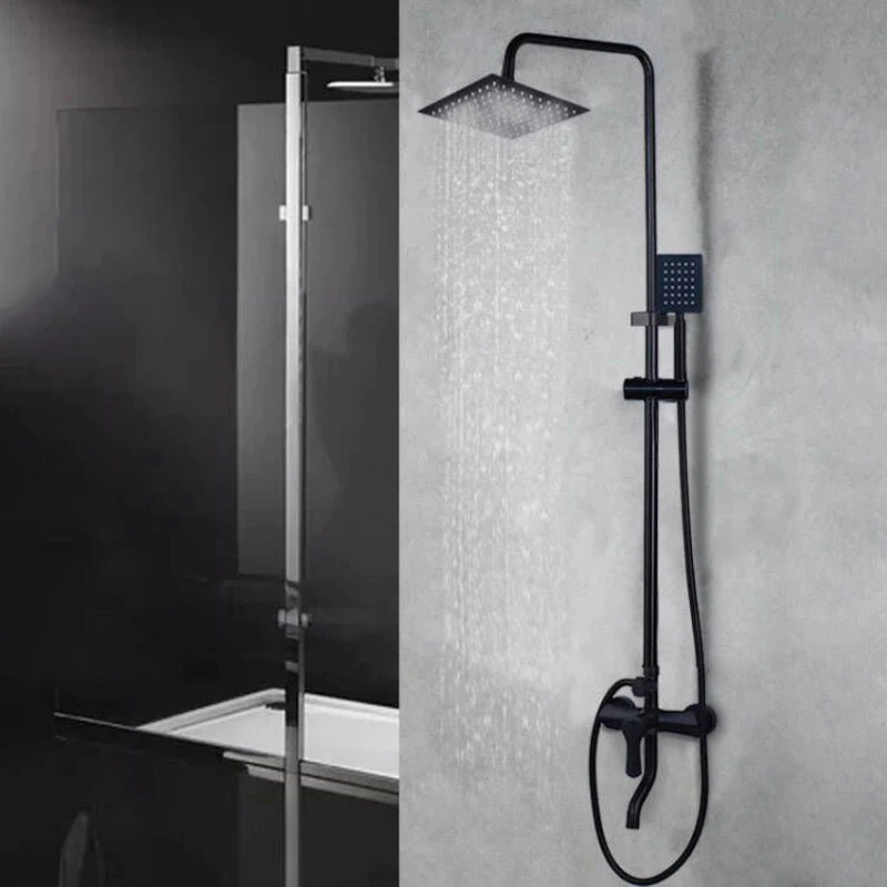 Colonne de Douche Noir Mat – Pommeau XXL, Rangement Intégré, Douchette à Main et Mélangeur Douche/Bain avec Étagère Douche