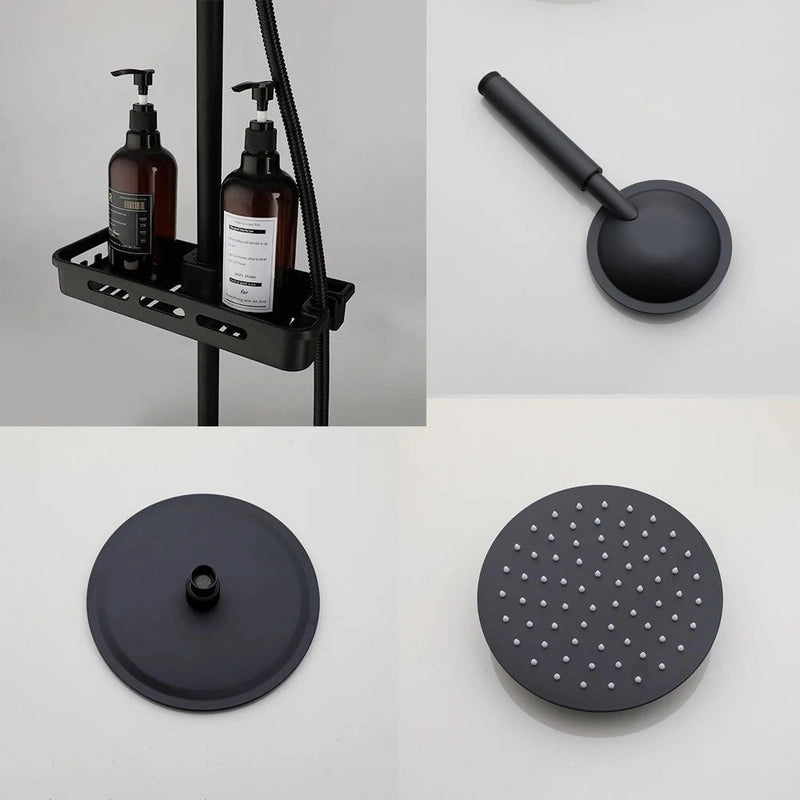 Colonne de Douche Noir Mat – Pommeau XXL, Rangement Intégré, Douchette à Main et Mélangeur Douche/Bain avec Étagère Douche