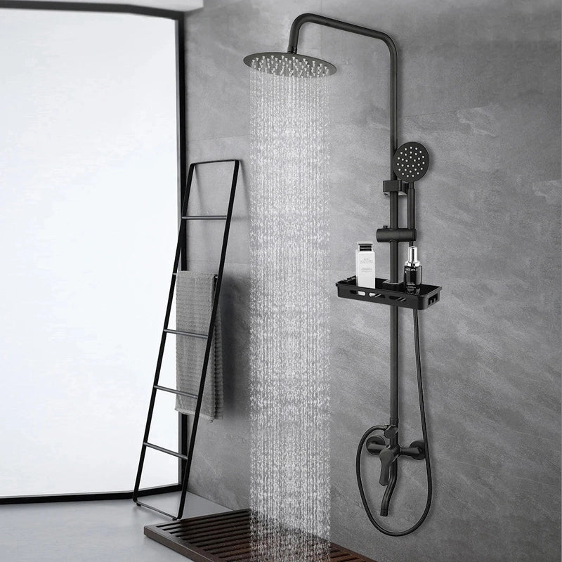 Colonne de Douche Noir Mat – Pommeau XXL, Rangement Intégré, Douchette à Main et Mélangeur Douche/Bain avec Étagère Douche