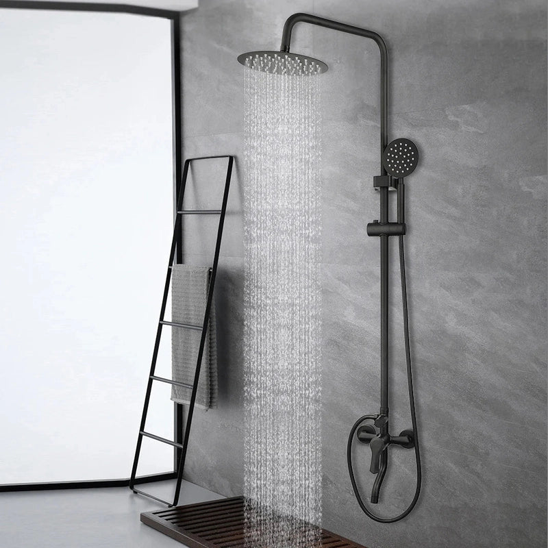 Colonne de Douche Noir Mat – Pommeau XXL, Rangement Intégré, Douchette à Main et Mélangeur Douche/Bain avec Étagère Douche
