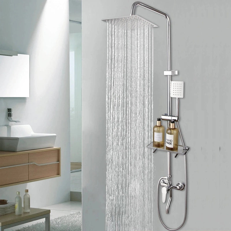 Colonne de Douche Noir Mat – Pommeau XXL, Rangement Intégré, Douchette à Main et Mélangeur Douche/Bain avec Étagère Douche