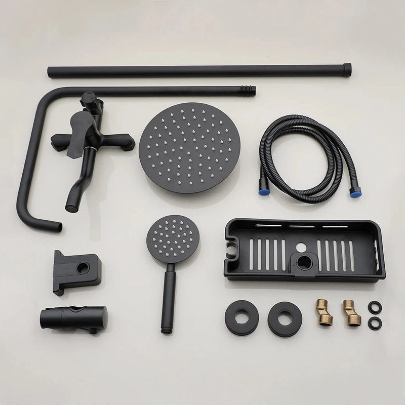 Colonne de Douche Noir Mat – Pommeau XXL, Rangement Intégré, Douchette à Main et Mélangeur Douche/Bain avec Étagère Douche