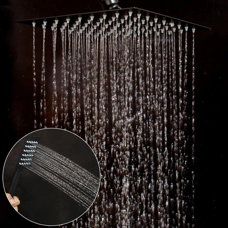 Colonne de Douche Noir Mat – Pommeau XXL, Rangement Intégré, Douchette à Main et Mélangeur Douche/Bain avec Étagère Douche
