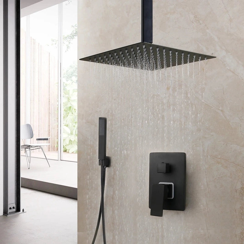 Colonne de Douche Encastrable Noir Mat – Ciel de douche Pluie 25cm-40cm” & Robinet Cascade en Laiton avec Mélangeur Douche/Bain et Pommeau Carré Pluie