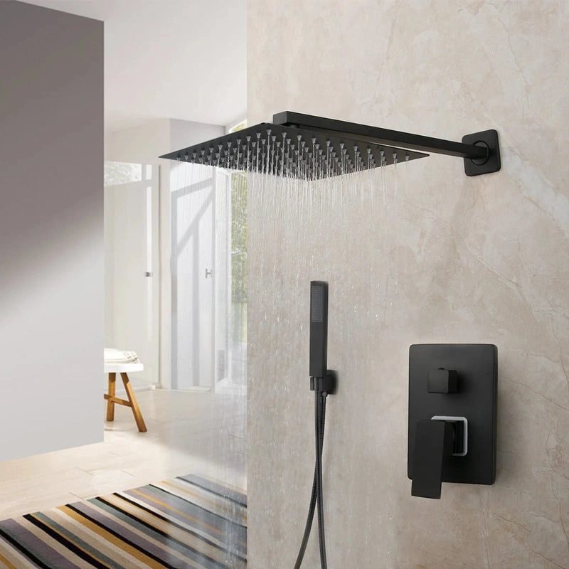 Colonne de Douche Encastrable Noir Mat – Ciel de douche Pluie 25cm-40cm” & Robinet Cascade en Laiton avec Mélangeur Douche/Bain et Pommeau Carré Pluie