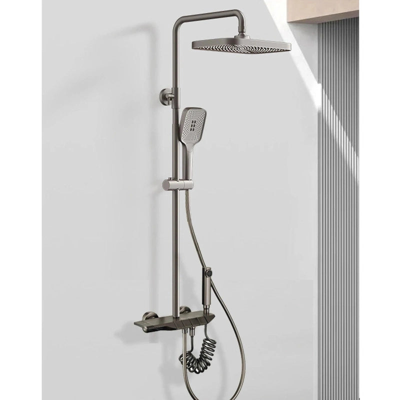 Colonne de Douche Thermostatique Noire LED – Affichage Température, Boutons Piano & Système Douche Pluie en Laiton avec Mélangeur 4 Voies