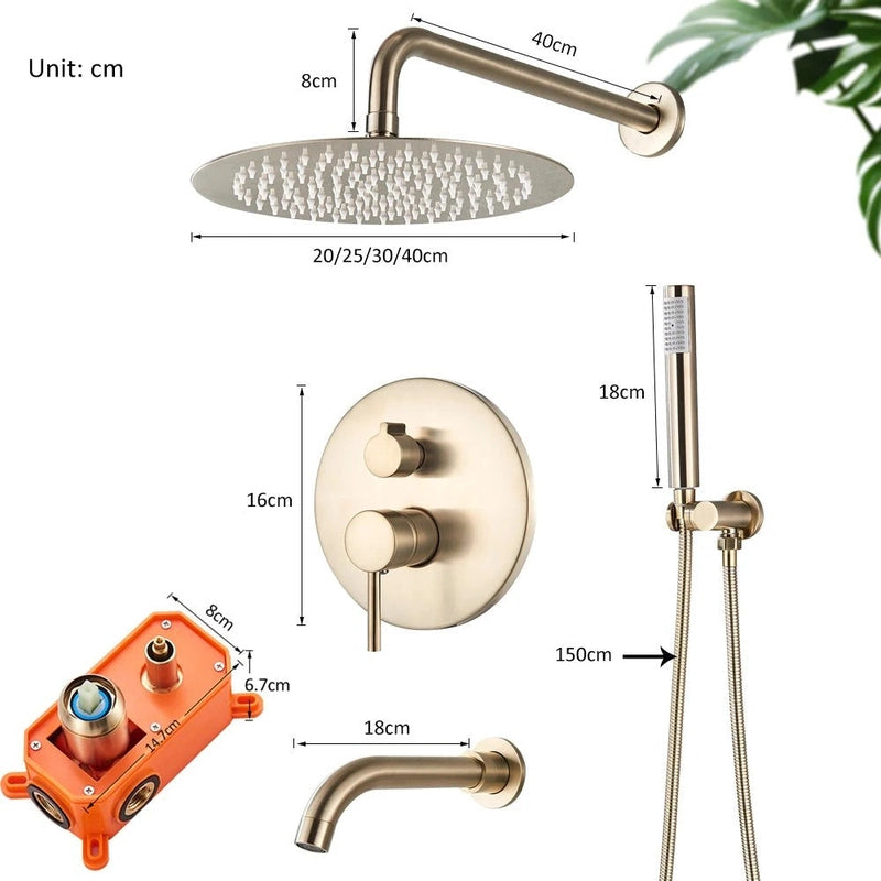 Colonne de Douche Encastrable Or Brossé – Ciel de douche 20-40cm' & Douchette avec Mélangeur Eau Chaude/Froide