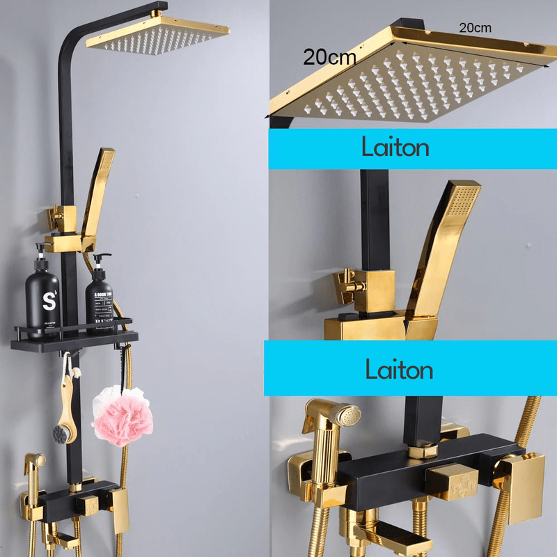 Colonne de Douche Noir & Or – Hauteur Ajustable, Pommeau 20cm, Fonction Bidet Intégrée et Ensemble de Douche 4 Voies avec Robinet