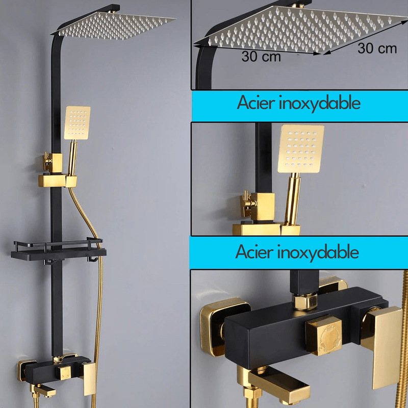 Colonne de Douche Noir & Or – Hauteur Ajustable, Pommeau 20cm, Fonction Bidet Intégrée et Ensemble de Douche 4 Voies avec Robinet