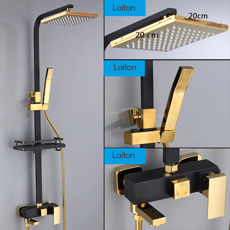 Colonne de Douche Noir & Or – Hauteur Ajustable, Pommeau 20cm, Fonction Bidet Intégrée et Ensemble de Douche 4 Voies avec Robinet