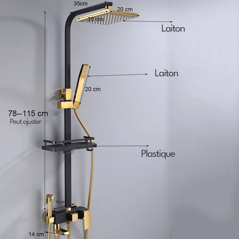 Colonne de Douche Noir & Or – Hauteur Ajustable, Pommeau 20cm, Fonction Bidet Intégrée et Ensemble de Douche 4 Voies avec Robinet