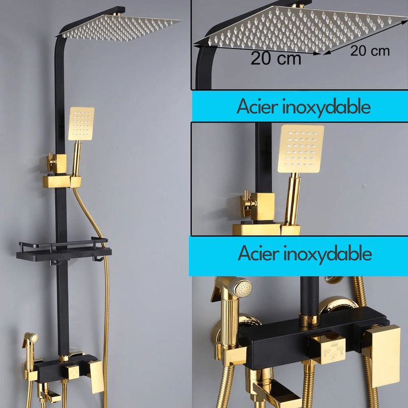 Colonne de Douche Noir & Or – Hauteur Ajustable, Pommeau 20cm, Fonction Bidet Intégrée et Ensemble de Douche 4 Voies avec Robinet