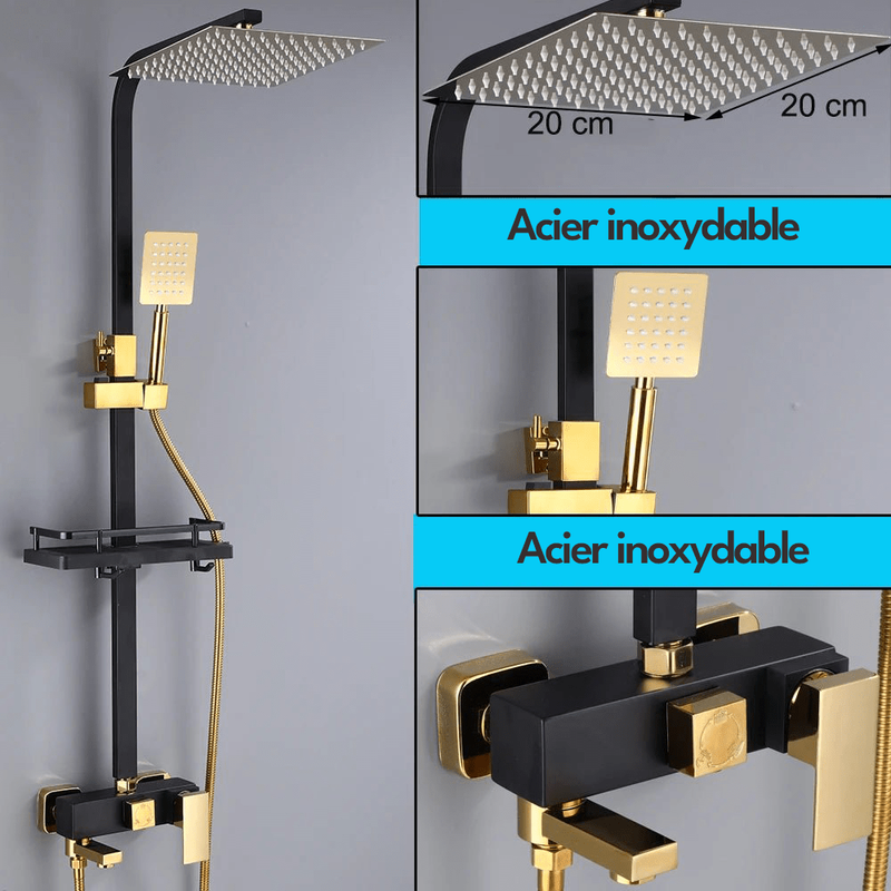 Colonne de Douche Noir & Or – Hauteur Ajustable, Pommeau 20cm, Fonction Bidet Intégrée et Ensemble de Douche 4 Voies avec Robinet