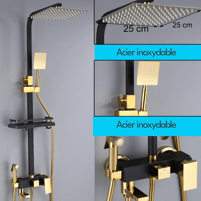 Colonne de Douche Noir & Or – Hauteur Ajustable, Pommeau 20cm, Fonction Bidet Intégrée et Ensemble de Douche 4 Voies avec Robinet