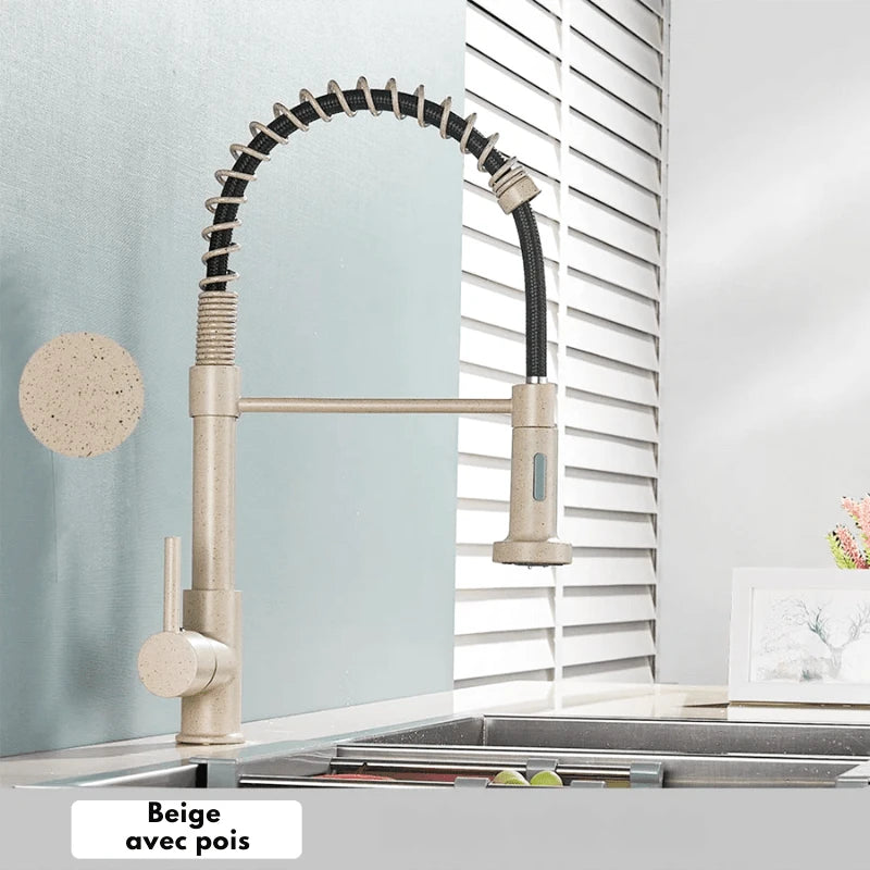 Robinet mitigeur de cuisine en or brossée ressort en laiton – jet latéral rotatif et poignée unique - Focett