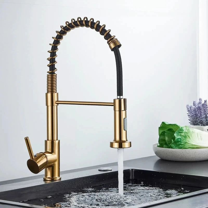 Robinet mitigeur de cuisine en or brossée ressort en laiton – jet latéral rotatif et poignée unique - Focett