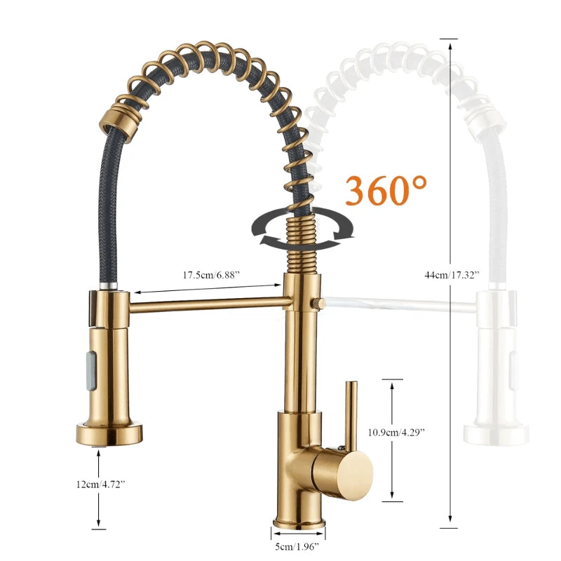 Robinet mitigeur de cuisine en or brossée ressort en laiton – jet latéral rotatif et poignée unique - Focett