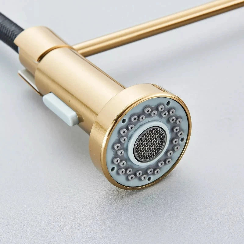 Robinet mitigeur de cuisine en or brossée ressort en laiton – jet latéral rotatif et poignée unique - Focett