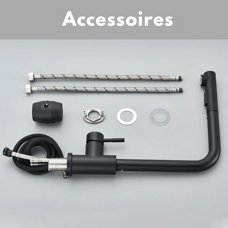 Mitigeur de cuisine extractible noir mat – jet double, bec rotatif 360° et poignée monocommande - Focett