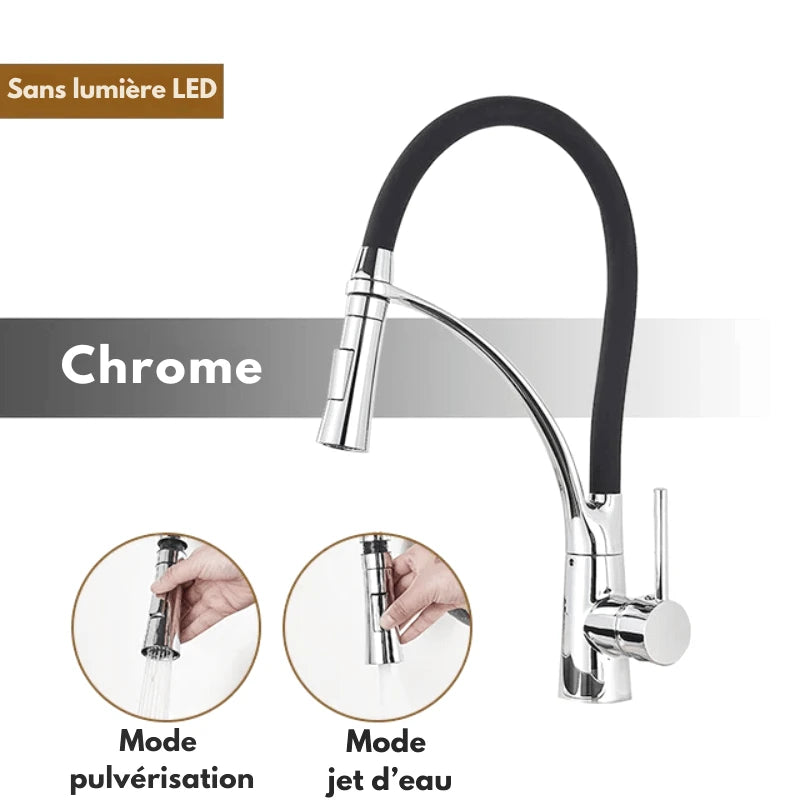 Mitigeur de cuisine en nickel brossé flexible avec bec orientable – laiton massif, douchette extractible - Focett