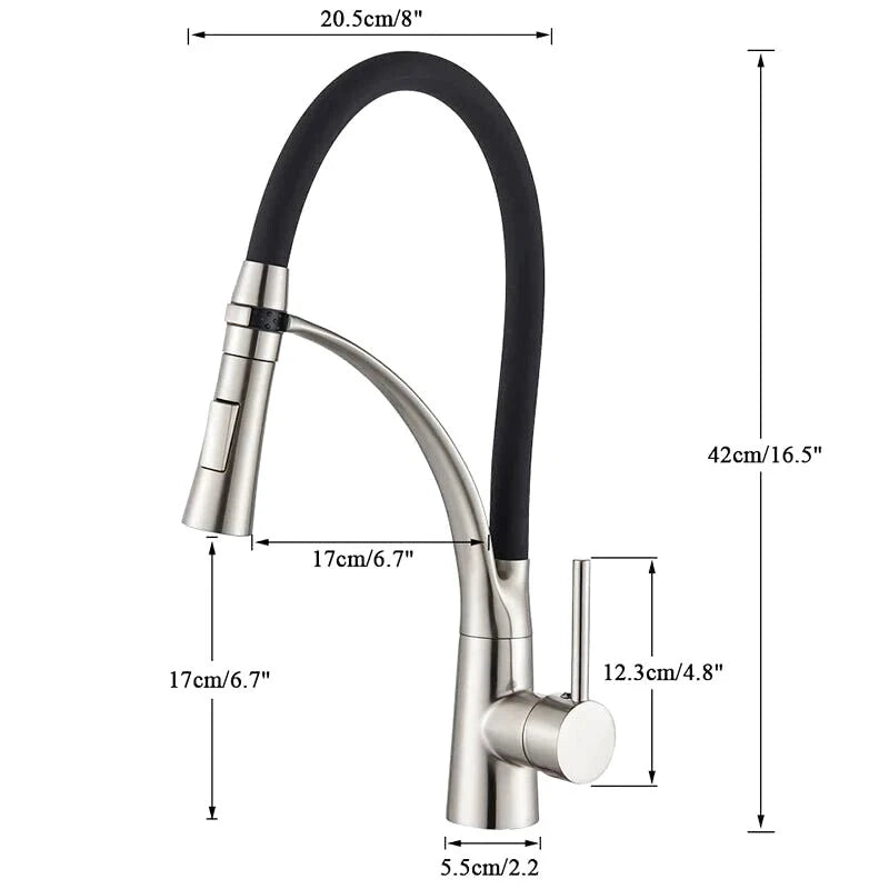 Mitigeur de cuisine en nickel brossé flexible avec bec orientable – laiton massif, douchette extractible - Focett