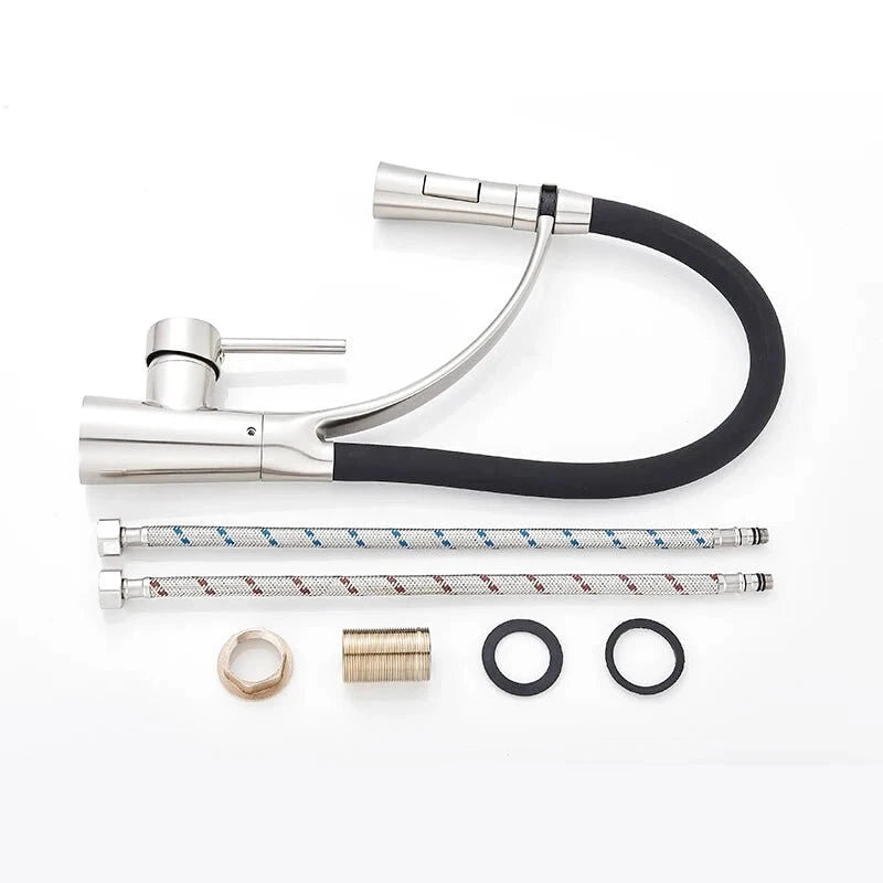 Mitigeur de cuisine en nickel brossé flexible avec bec orientable – laiton massif, douchette extractible - Focett