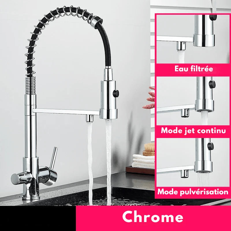 Mitigeur de cuisine noir mat avec bec orientable – Pour eau filtrée et rotation 360° - Focett