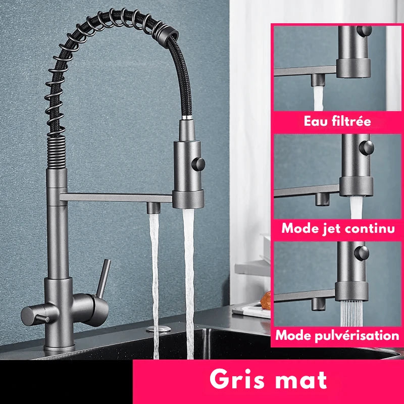 Mitigeur de cuisine noir mat avec bec orientable – Pour eau filtrée et rotation 360° - Focett