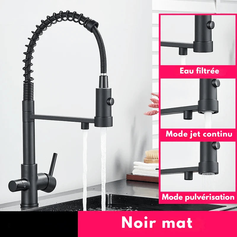Mitigeur de cuisine noir mat avec bec orientable – Pour eau filtrée et rotation 360° - Focett