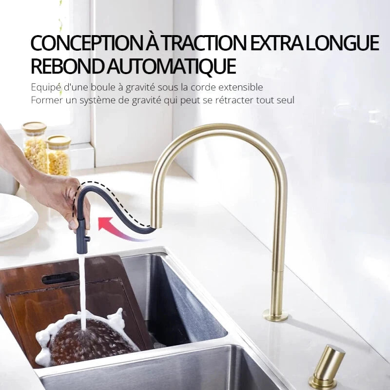 Mitigeur de cuisine or double trou avec bec rétractable – contrôle précis, rotation 360° et finition brossée - Focett