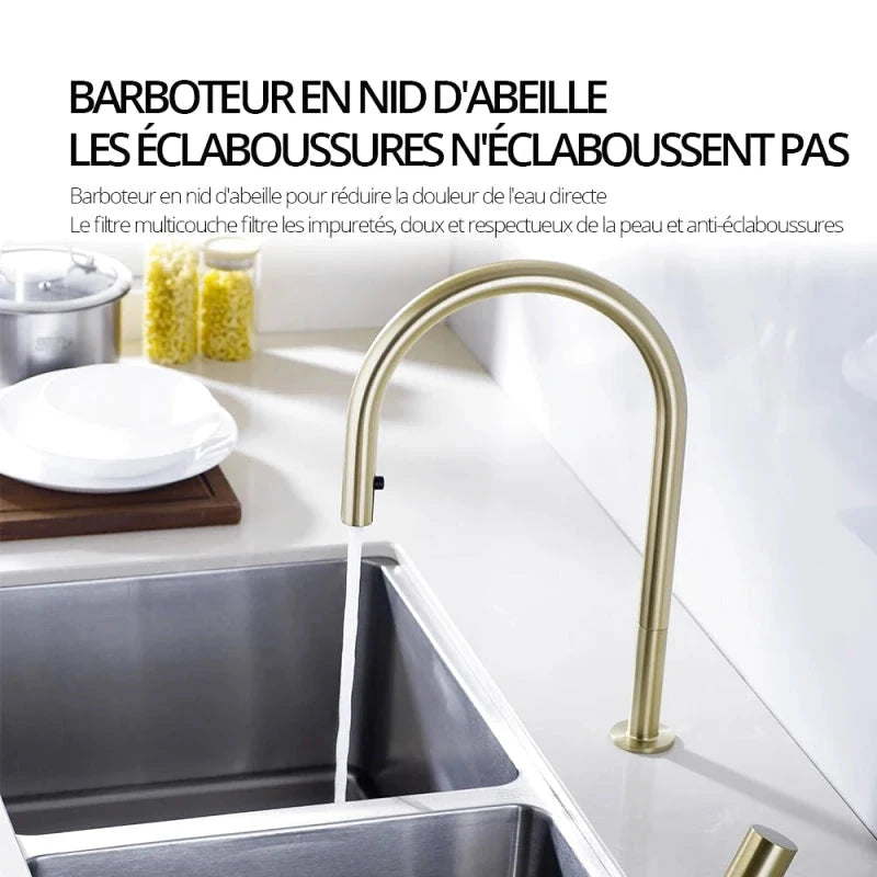 Mitigeur de cuisine or double trou avec bec rétractable – contrôle précis, rotation 360° et finition brossée - Focett