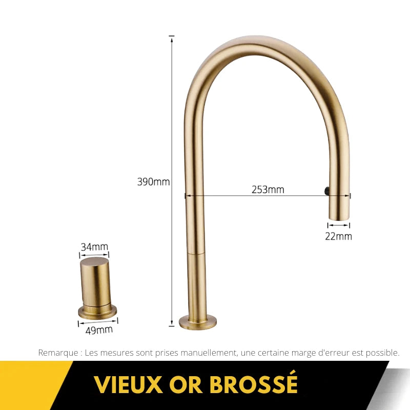 Mitigeur de cuisine or double trou avec bec rétractable – contrôle précis, rotation 360° et finition brossée - Focett