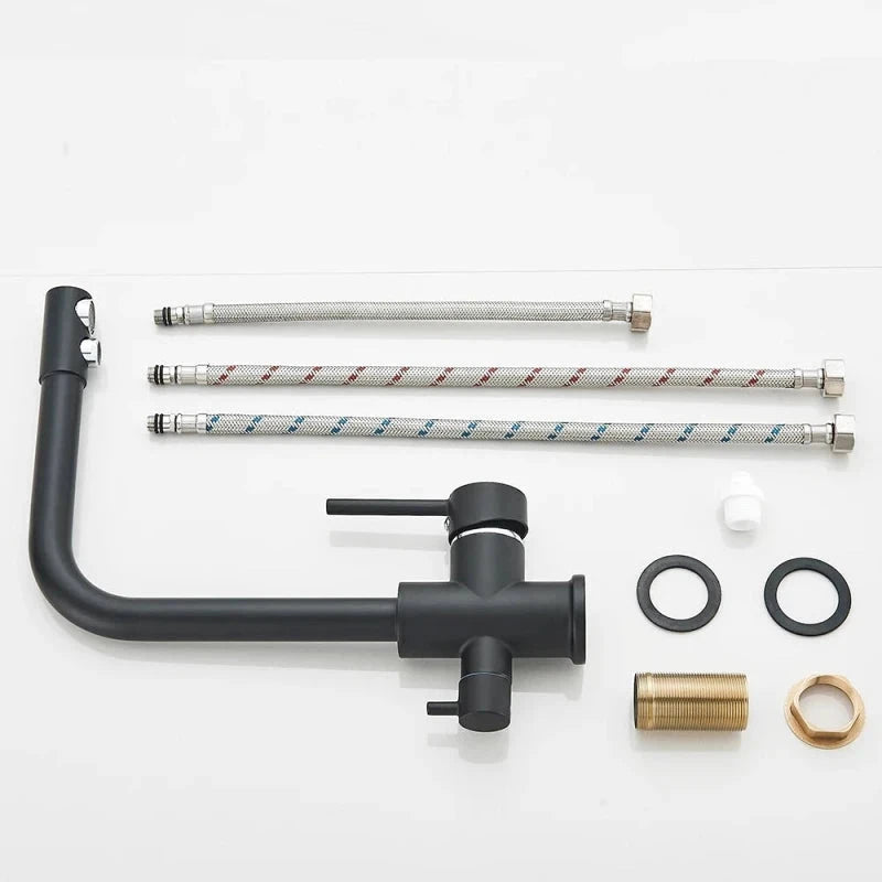 Robinet mitigeur de cuisine noir double sortie avec eau filtrée – laiton massif, rotation 360° et finition chrome poli - Focett