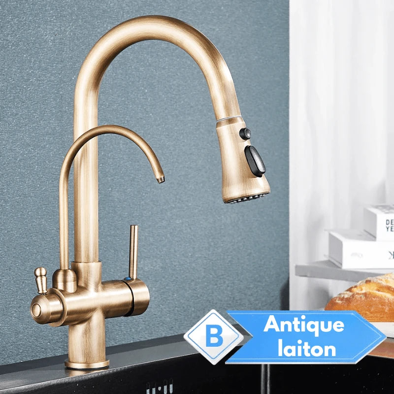 Robinet mitigeur de cuisine noir 3 voies avec eau filtrée – double commande et bec rotatif 360° - Focett