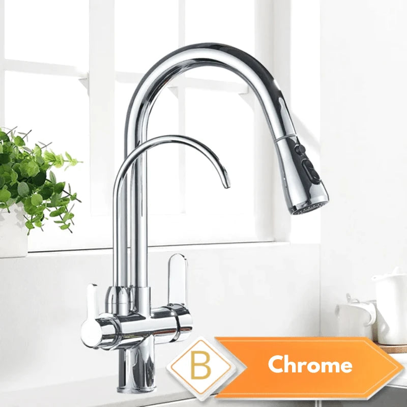 Robinet mitigeur de cuisine noir 3 voies avec eau filtrée – double commande et bec rotatif 360° - Focett