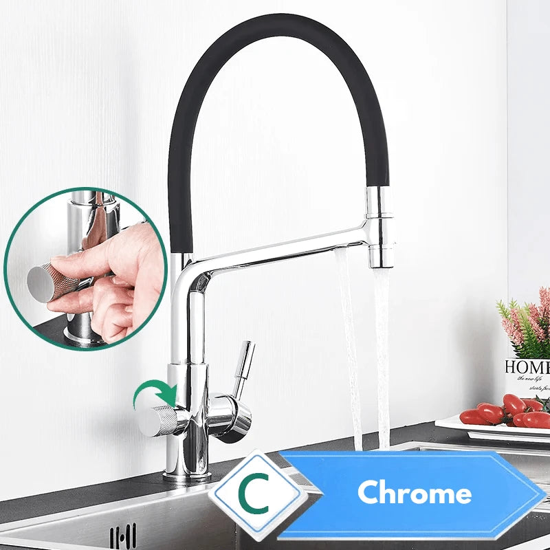 Robinet mitigeur de cuisine noir 3 voies avec eau filtrée – double commande et bec rotatif 360° - Focett