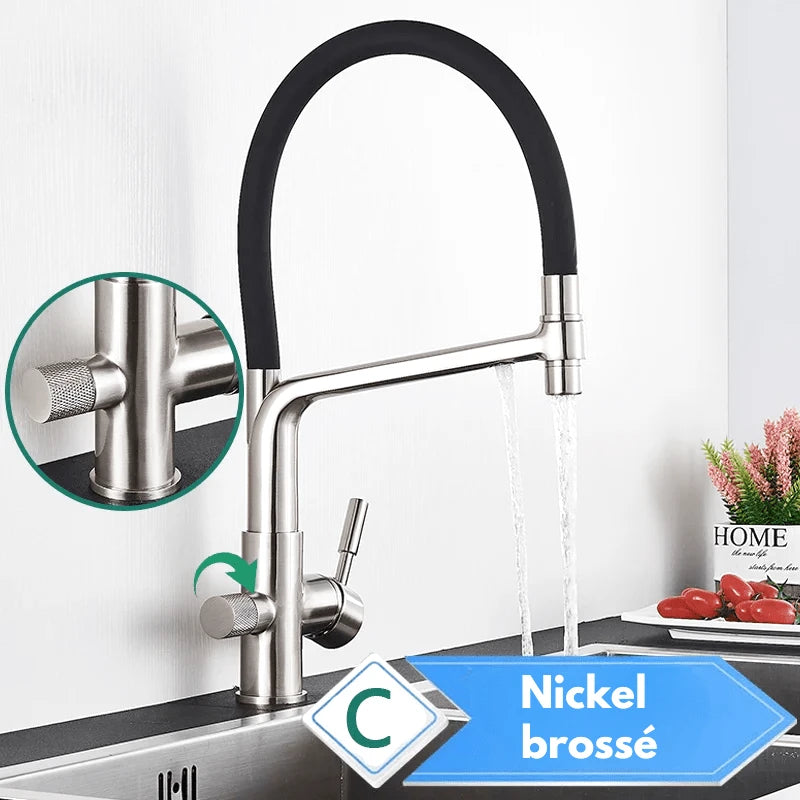 Robinet mitigeur de cuisine noir 3 voies avec eau filtrée – double commande et bec rotatif 360° - Focett