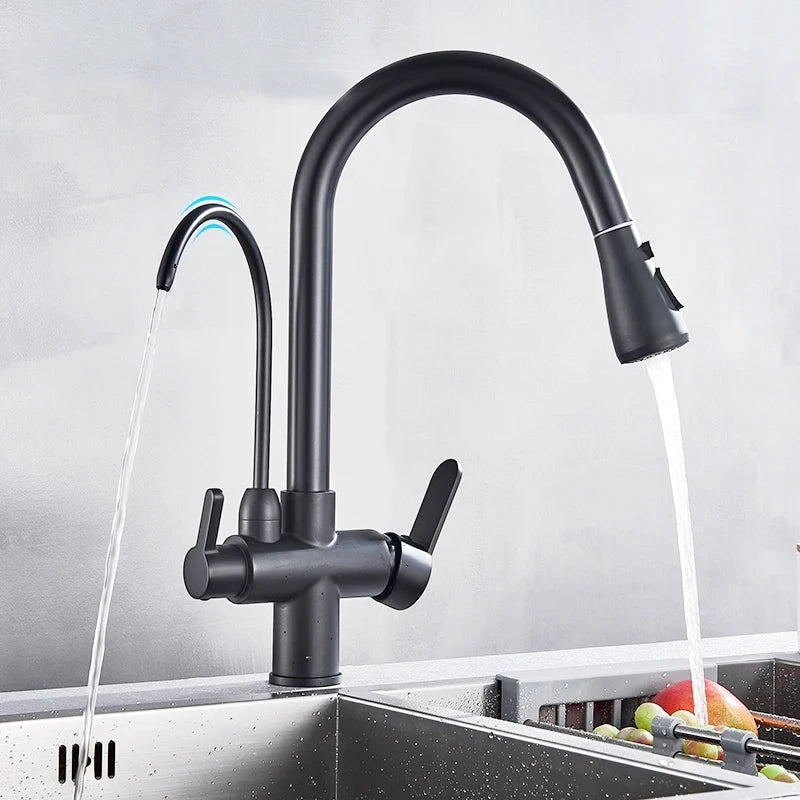 Robinet mitigeur de cuisine noir 3 voies avec eau filtrée – double commande et bec rotatif 360° - Focett