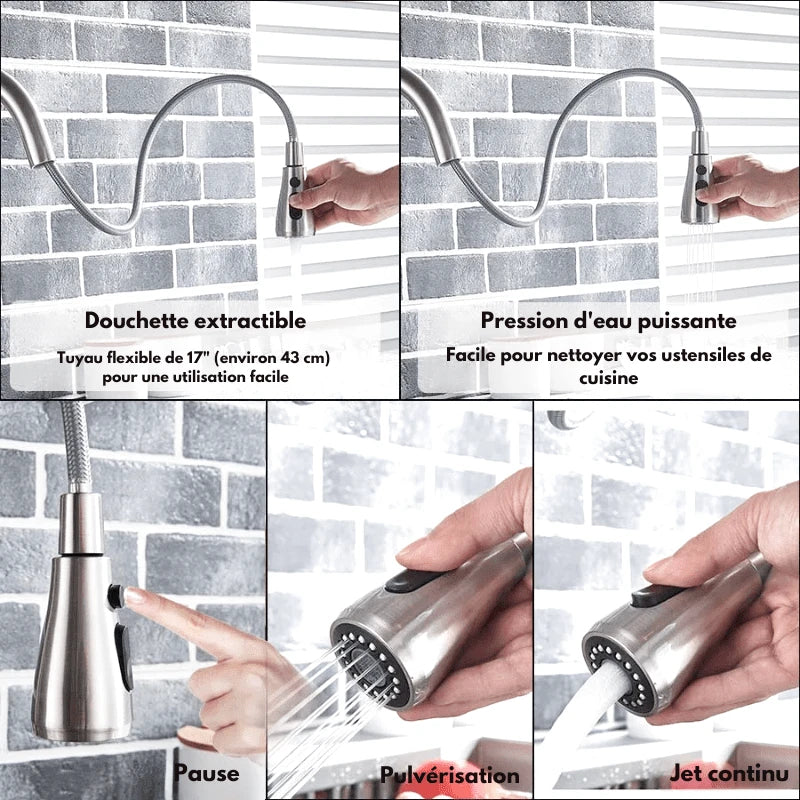 Robinet mitigeur de cuisine noir 3 voies avec eau filtrée – double commande et bec rotatif 360° - Focett