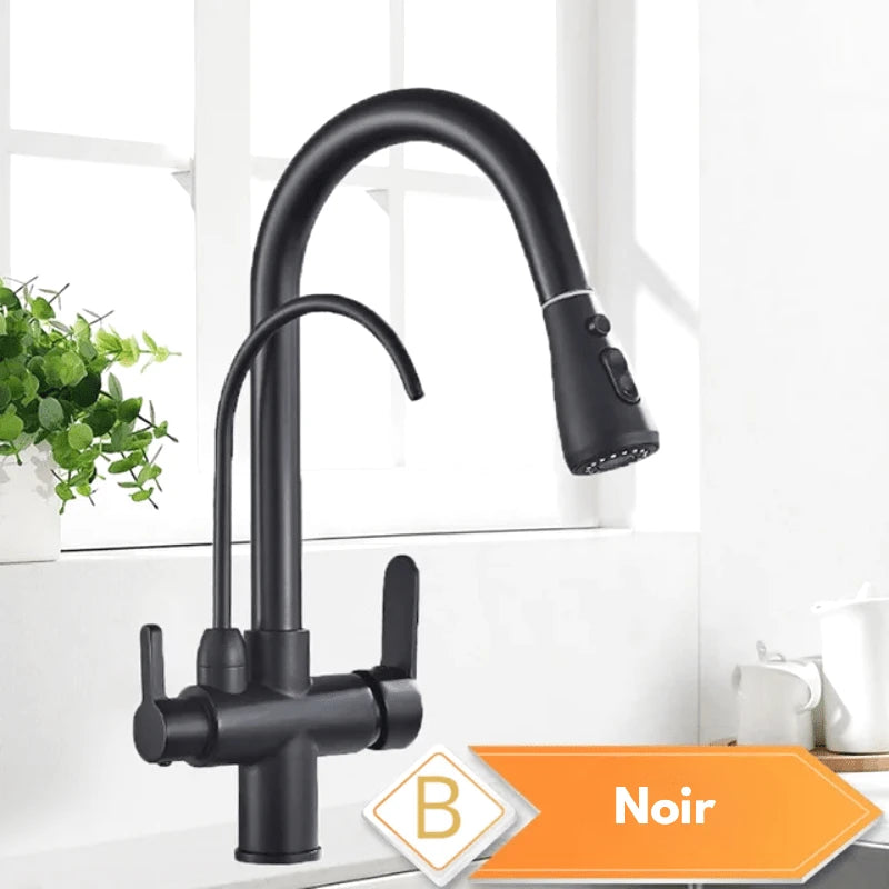 Robinet mitigeur de cuisine noir 3 voies avec eau filtrée – double commande et bec rotatif 360° - Focett